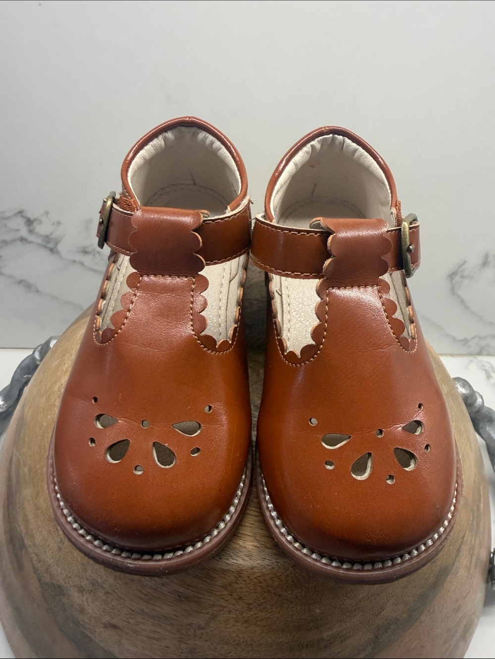 Felix & Flora Girls' Scalloped T-Strap Dress Shoes in Cognac Brown